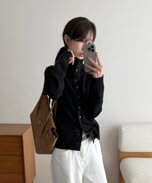 하이넥 버튼 가디건_블랙