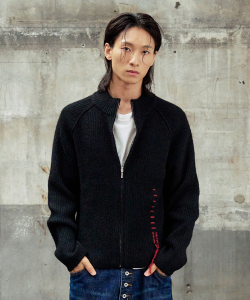 HAND STITCH KNIT ZIP-UP [BLACK]