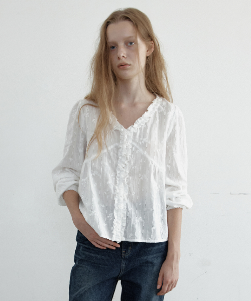 Cross Ruffle V-Neck Blouse (Ivory)