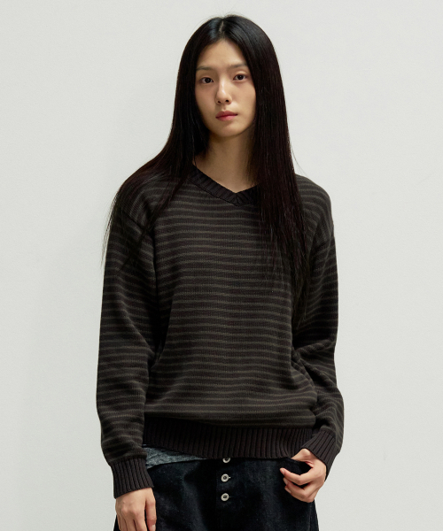 V-NECK STRIPE PULLOVER KNIT [BROWN]