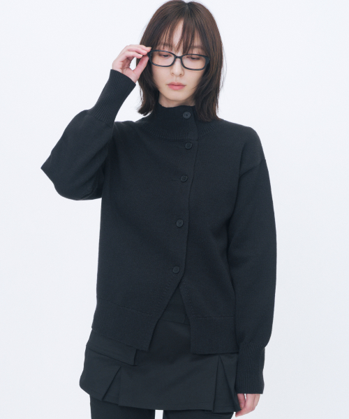 High neck knit cardigan BLACK
