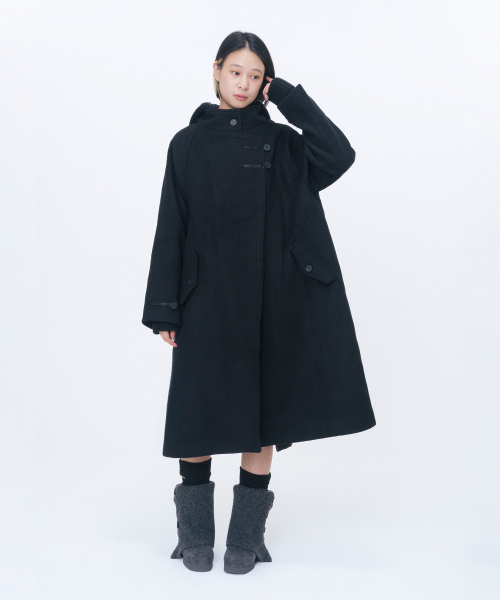 Asymmetric hoodie long duffle coat BLACK