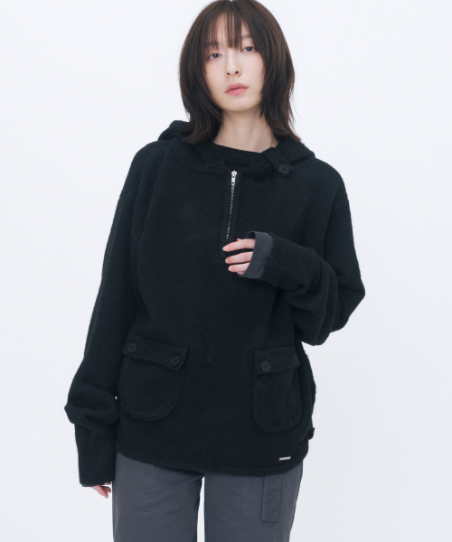 Button hoodie knit pullover BLACK