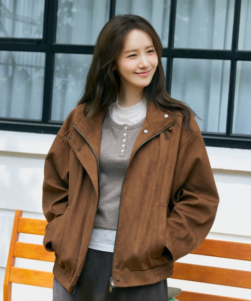 high neck suede jacket - brown