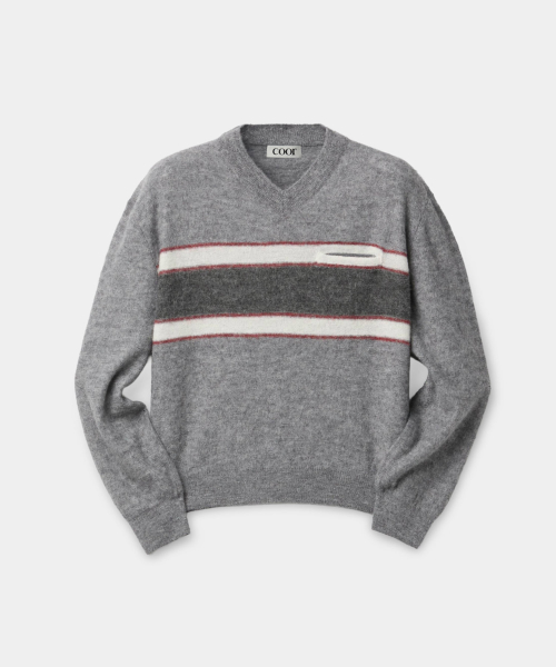 Alpaca Blend Striped Vneck Sweater (Melange Gray)