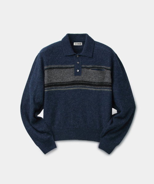 Alpaca Blend Striped Polo Sweater (Navy)