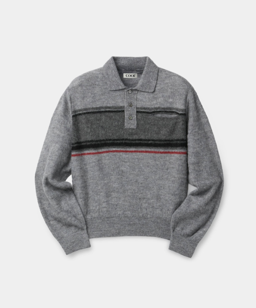 Alpaca Blend Striped Polo Sweater (Melange Gray)