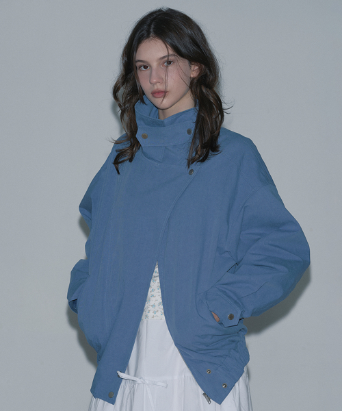 HIGH-NECK COTTON BOMBER JACKET (BLUE)