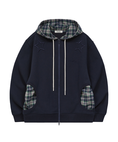 Check Star Embroidery Hoodie Zip Up NAVY