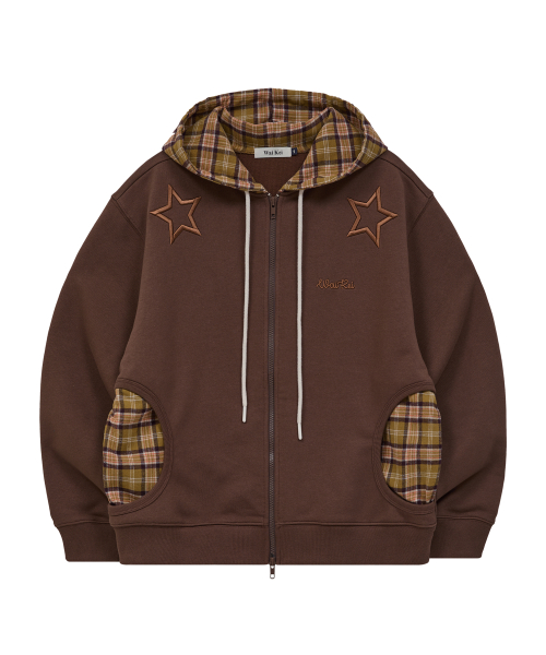 Check Star Embroidery Hoodie Zip Up BROWN