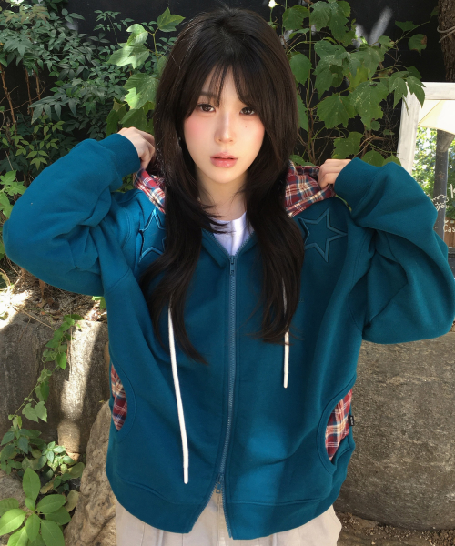 Check Star Embroidery Hoodie Zip Up TEAL GREEN