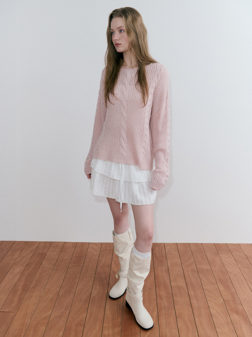 에트몽 Boat-Neck Cable Knit Pullover, Light Pink