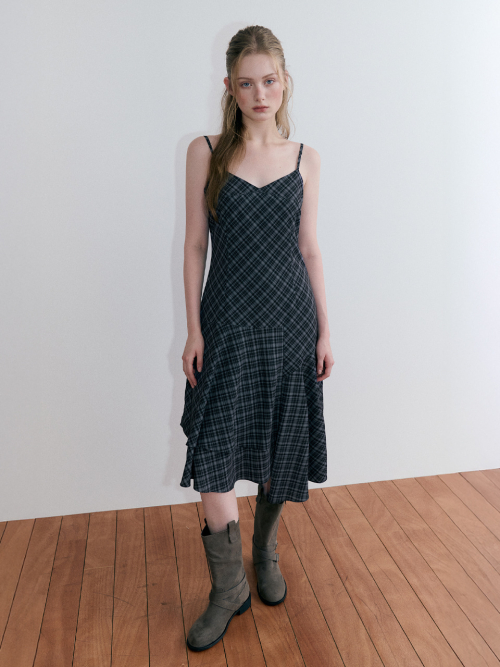 Check Asymmetric Slip Dress, Black
