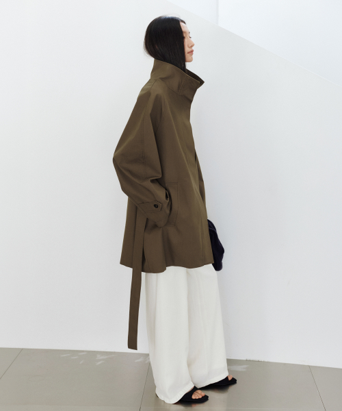 High neck belted trench coat_Khaki brown