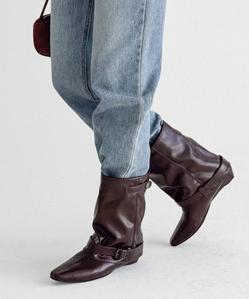 Mandarin Belted Mid Calf Boots Brown FL1426