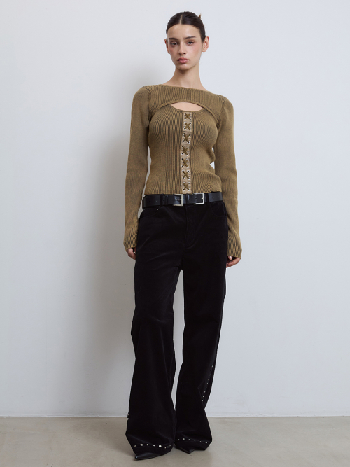 Eyelet Long Sleeve Knit Top_ Bronze