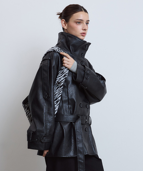 High-Neck Leather Double-Breasted Jacket_ Black