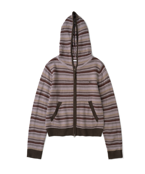 TCM multi-stripe knit hooded zip-up (red bean)