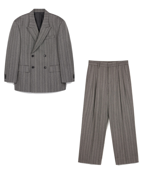 [SET] Herringbone Structure Wool Double Jacket & Wide Pants (Grey) 0TJA6F103G2