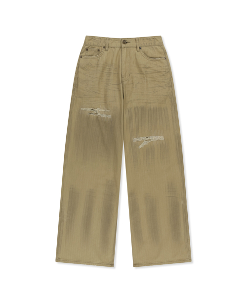 DISTRESSED HERRINGBONE WIDE PANTS IN BEIGE