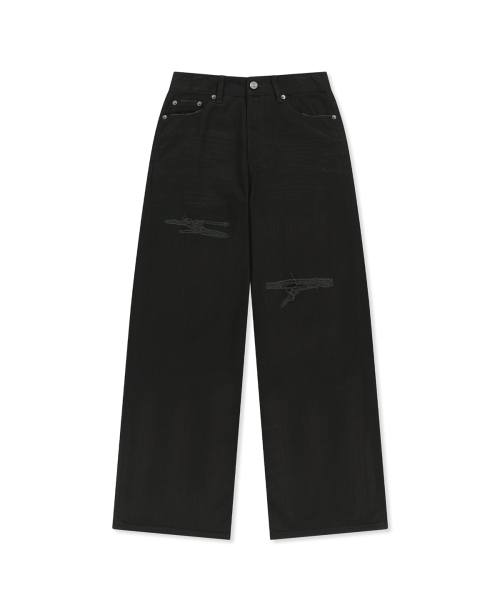 DISTRESSED HERRINGBONE WIDE PANTS IN BLACK
