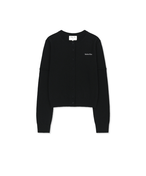 CASHMERE BLENDED CUTLINE ROUND CARDIGAN IN BLACK