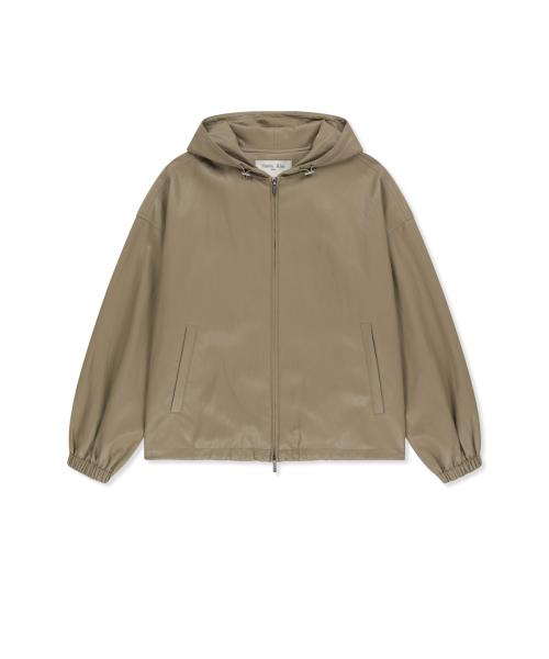 FAUX LEATHER APPLIQUE LOGO HOODY JUMPER IN BEIGE