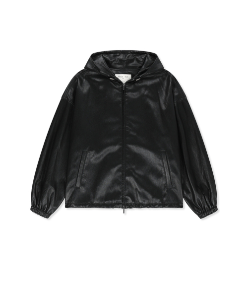FAUX LEATHER APPLIQUE LOGO HOODY JUMPER IN BLACK