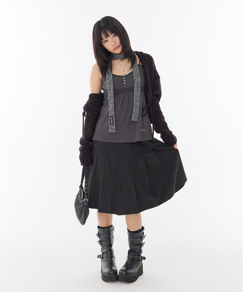 STRIPE FOND PLEATED MIDI SKIRT / BLACK