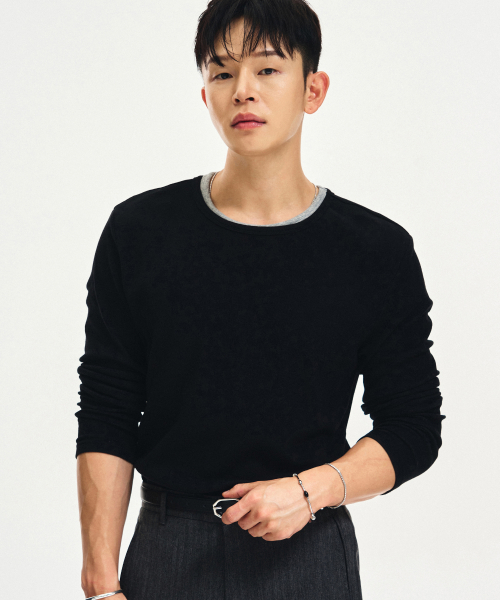 더블 레이어링 슬림핏 리브드 티셔츠 [BLACK]
