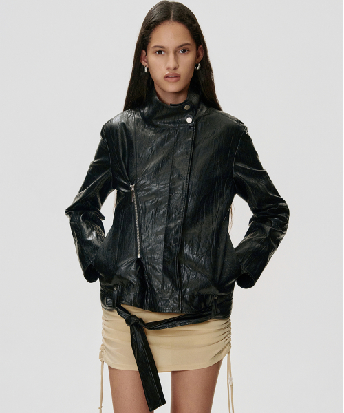 Zip Tucked Faux Leather Jacket_BLACK