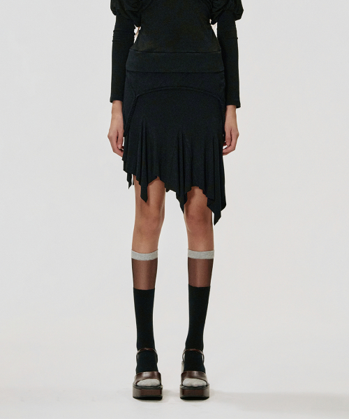Foldover Gored Jersey Skirt_BLACK