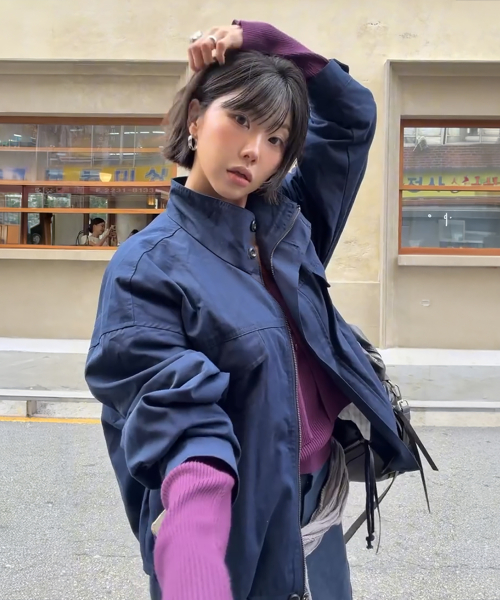 High-Neck Semi-Cropped Field Jacket, NAVY
