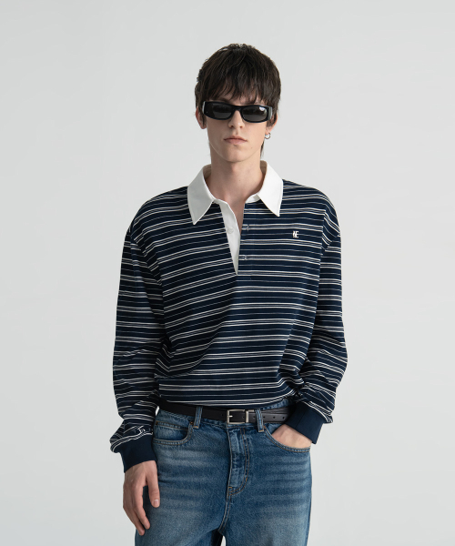PIQUE STRIPED LOGO POLO SHIRT - DARK NAVY