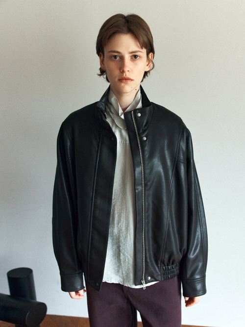 Band Neck Faux Leather Blouson