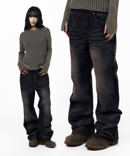 Foggy Wash Flare Denim Pants (Black)