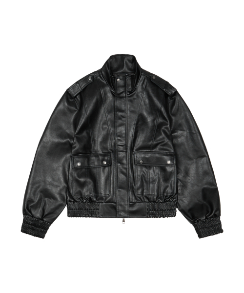Epaulet High Neck Leather Jacket (Black)