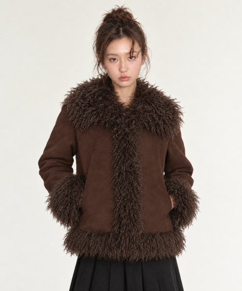 유희 FUR TRIMMED SHEARLING JACKET_BROWN