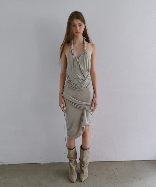 Draped Halter Dress, Beige
