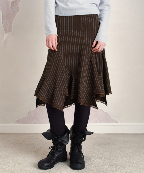 ASYMMETRIC LACE MIDI SKIRT, BROWN