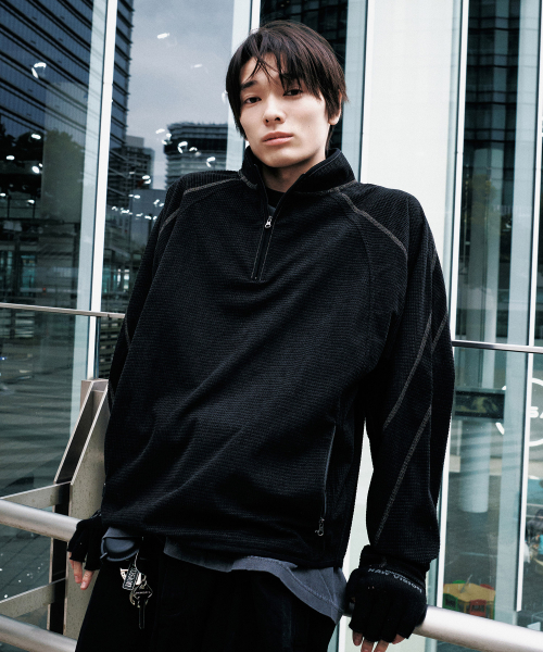 T.L HEAVY WAFFLE HALF ZIP-UP - BLACK