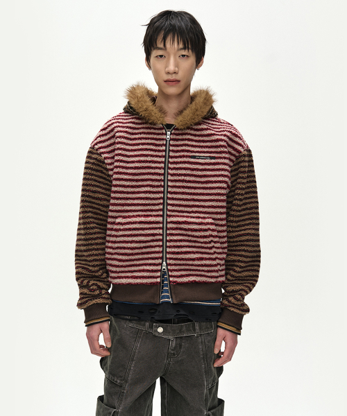 UNISEX STRIPE PATCHWORK FLEECE HOODIE ZIP-UP (MULTI)
