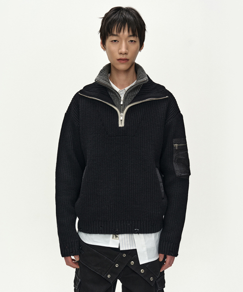 DOUBLE LAYERED QUARTER ZIP-UP SWEATER (BLACK/GREY)