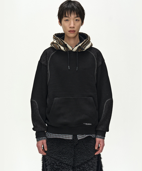 UNISEX KNIT PANEL FLEECE HOODIE (BLACK)
