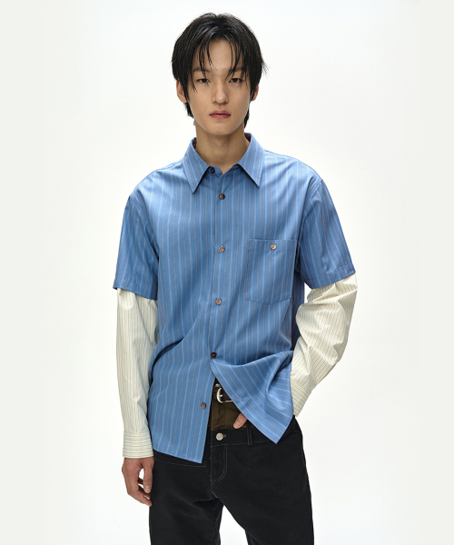 SLEEVE LAYERED STRIPE SHIRT (BLUE STRIPE)