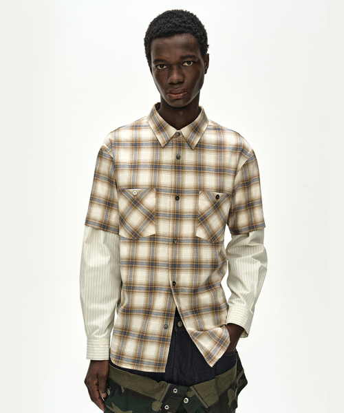 SLEEVE LAYERED CHECK SHIRT (IVORY STRIPE)