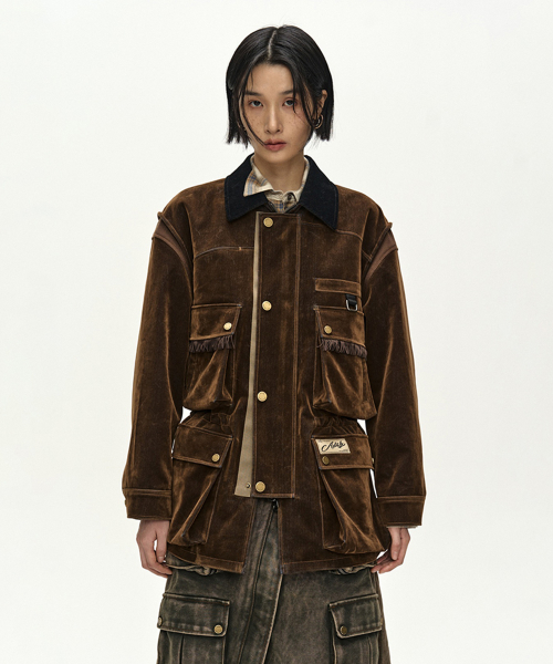 MULTI-POCKET VELVET SAFARI JACKET (BROWN)