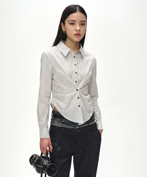 STRIPE DRAPED WAIST SHIRT (ECRU)
