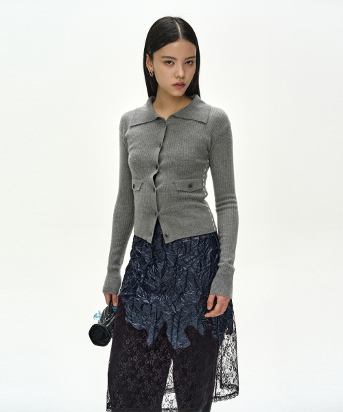 CASHMERE HAND STITCHED RIB CARDIGAN (MELANGE GREY)