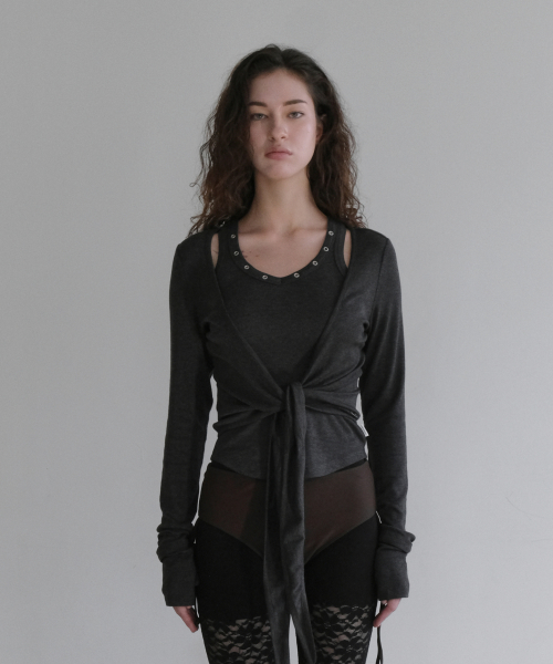 WRAP CARDIGAN SLEEVELESS SET [BLACK]
